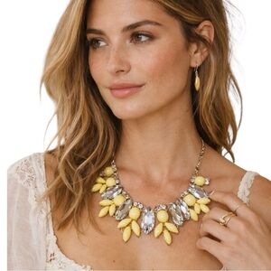 EUC Statement Necklace – Yellow & Crystal Bib Style – Bold Fashion Jewelry
